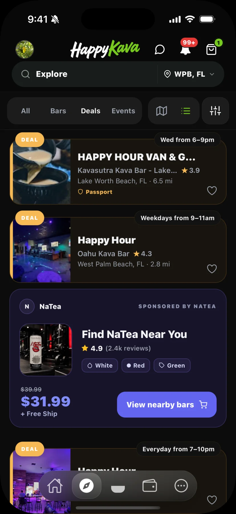 Sponsored product inside the HappyKava Deals feed