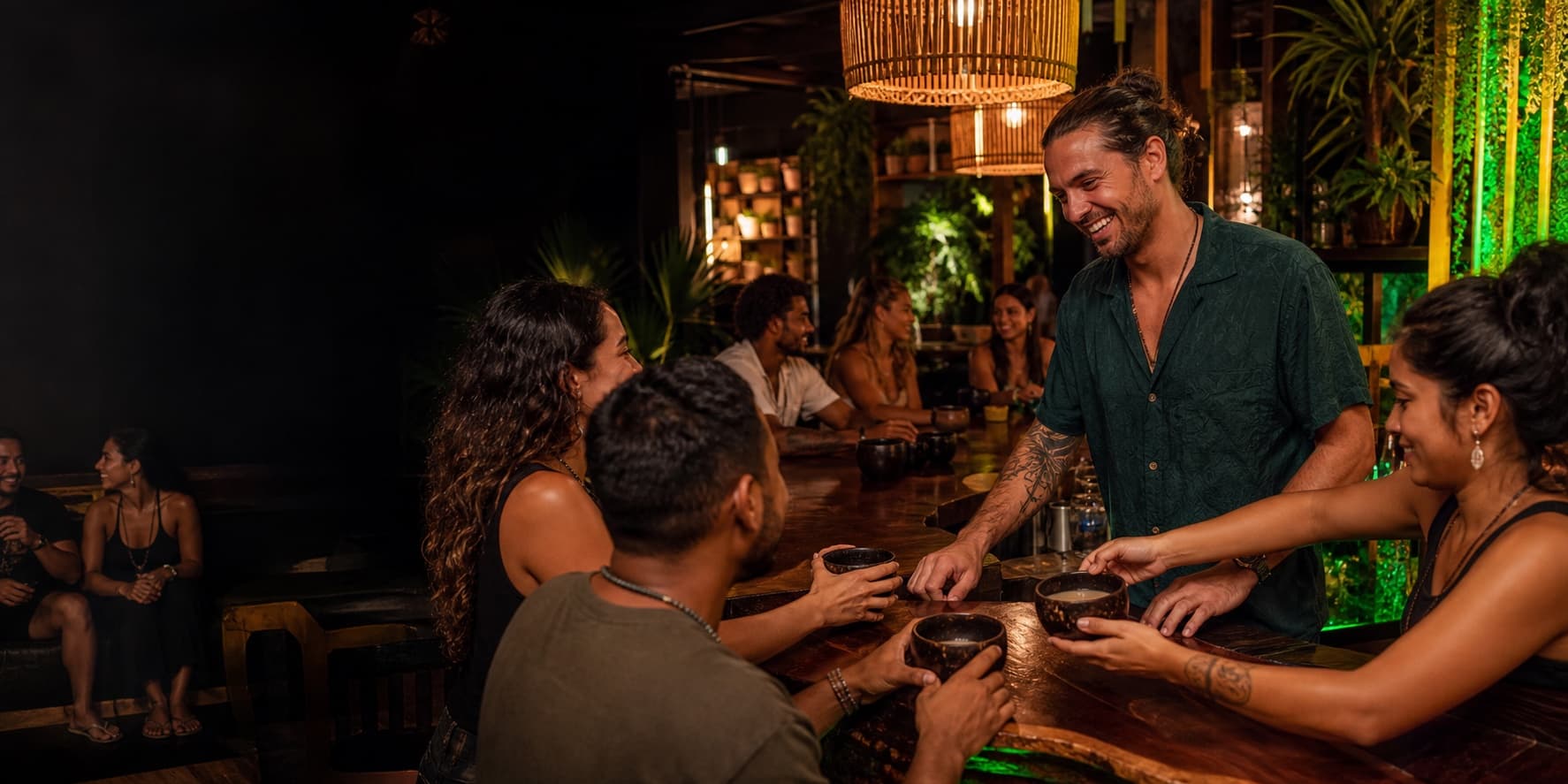 A lively kava bar community sharing shells together around the bar