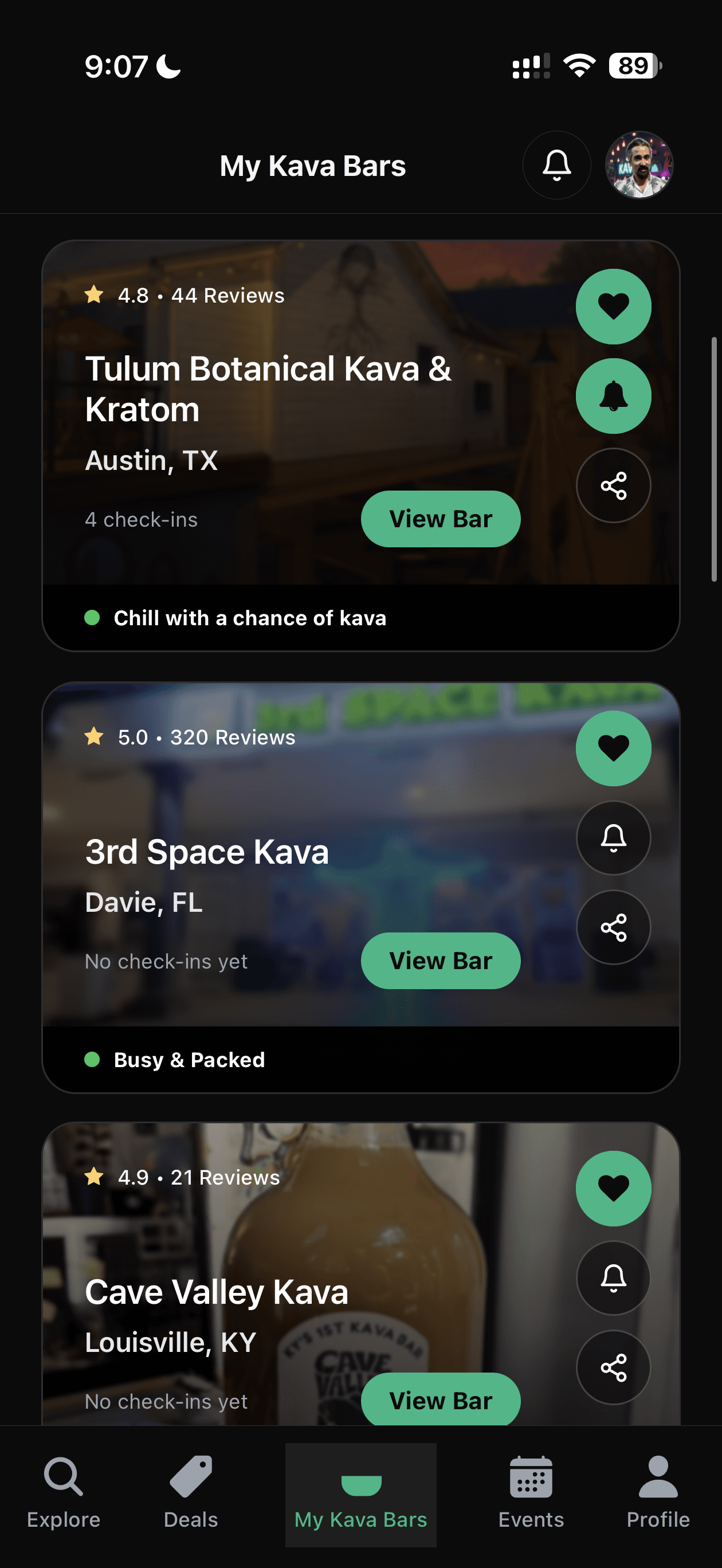 HappyKava app showing nearby kava bars