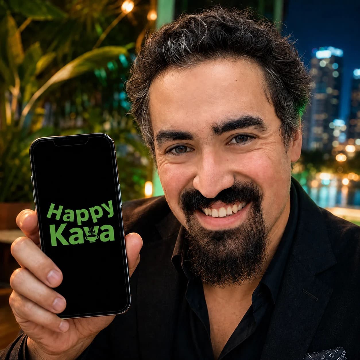 HappyKava founder German Calas holding a phone displaying the HappyKava logo