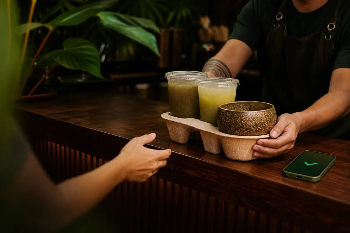 A pickup order with kava and tea being handed across a kava bar counter