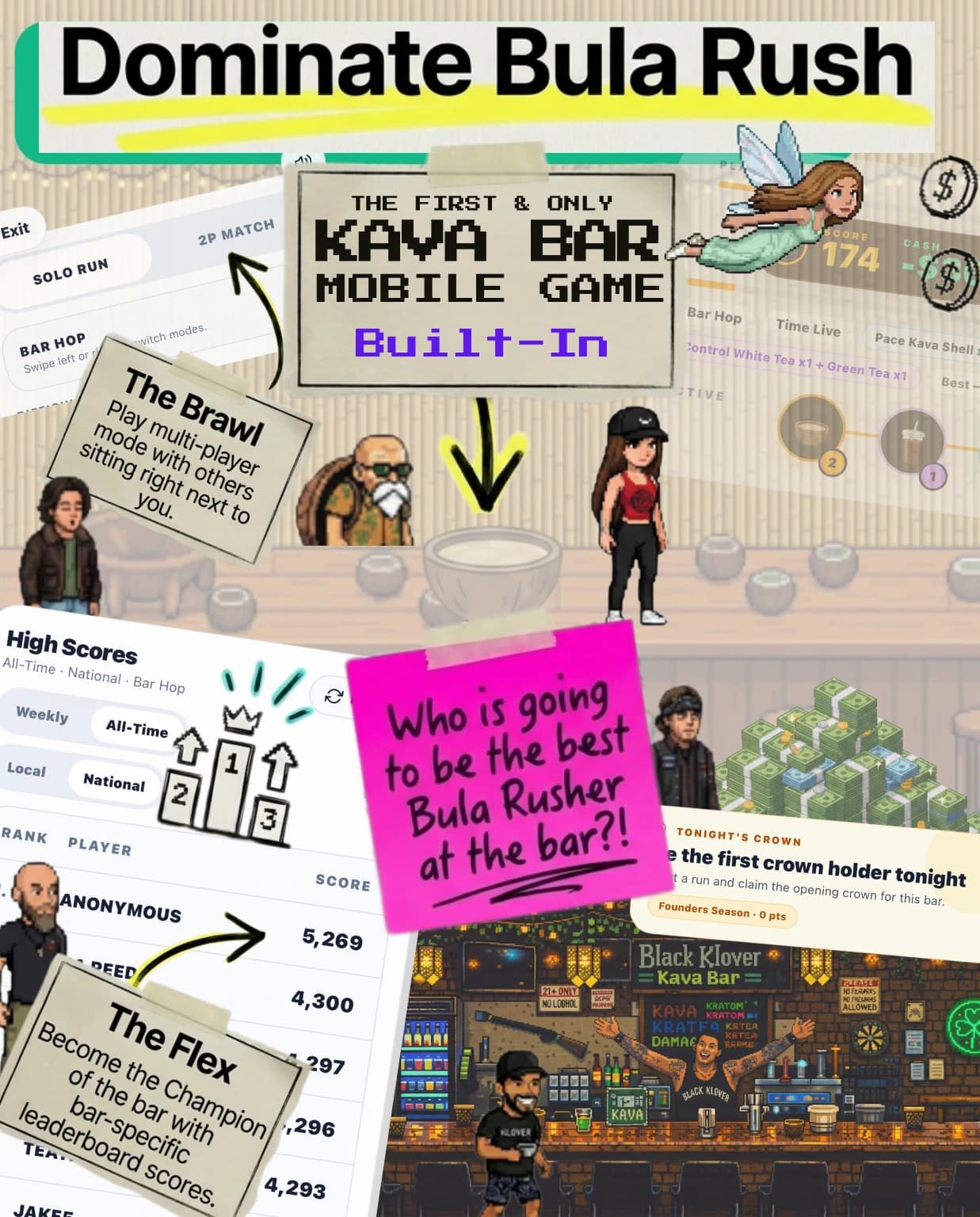 Bula Rush mobile game with bar-specific characters, competitions, and leaderboards