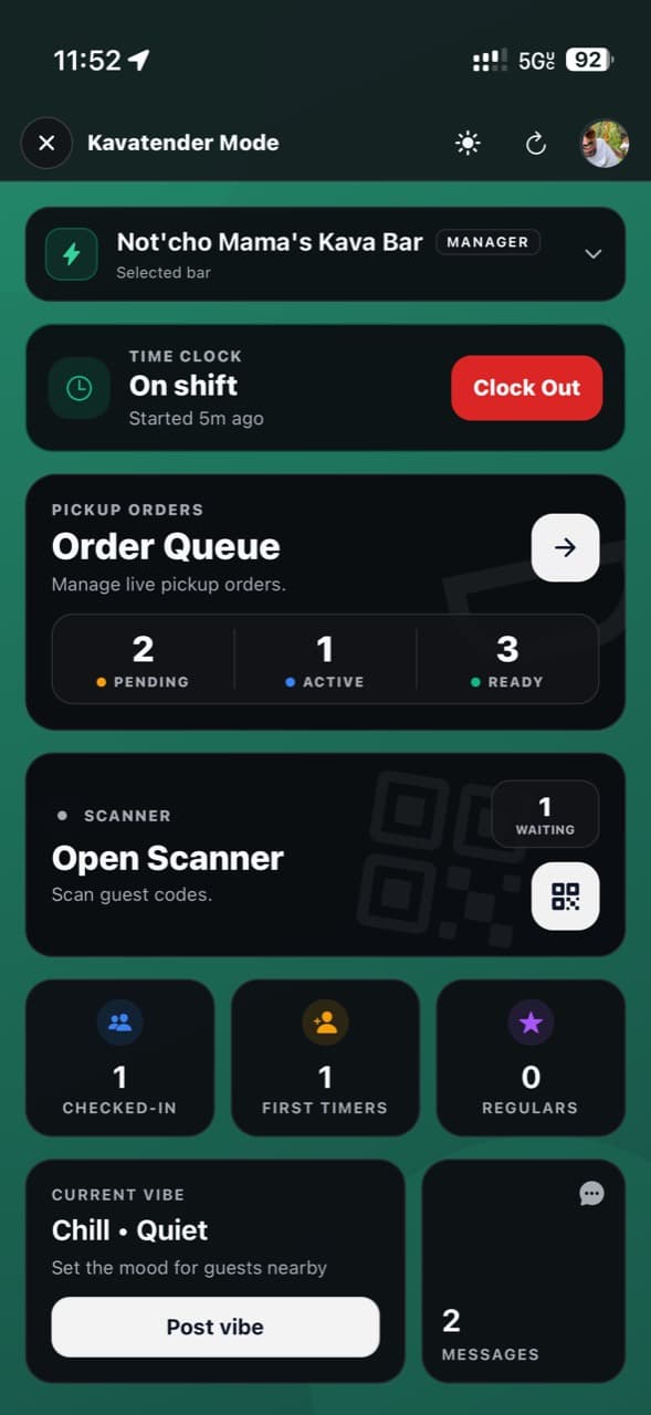 Kavatender Mode in dark theme showing time clock, pickup orders, scanner, check-ins, vibe, and messages