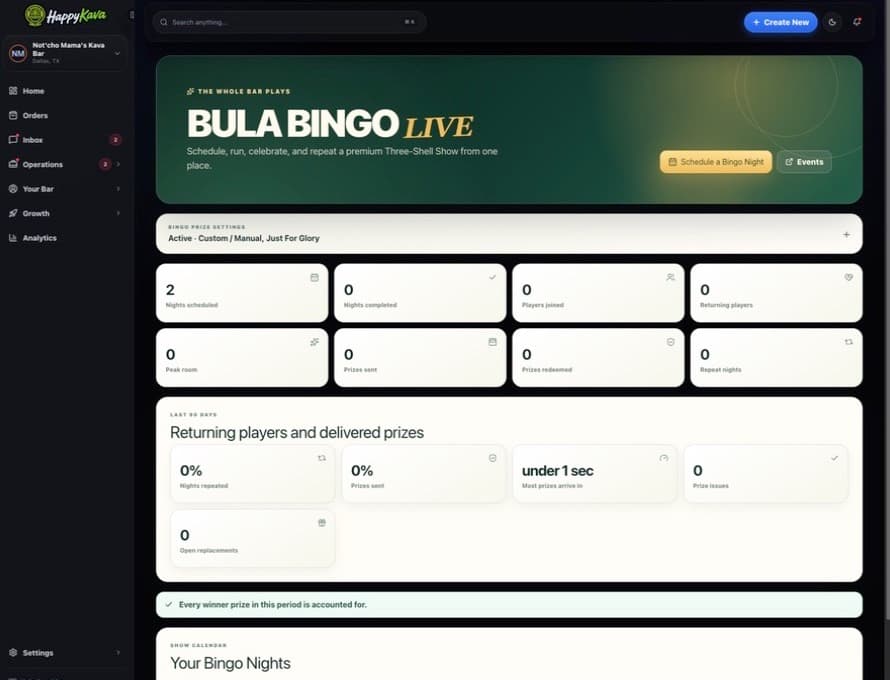 BULA BINGO LIVE owner studio with scheduled nights and performance tools