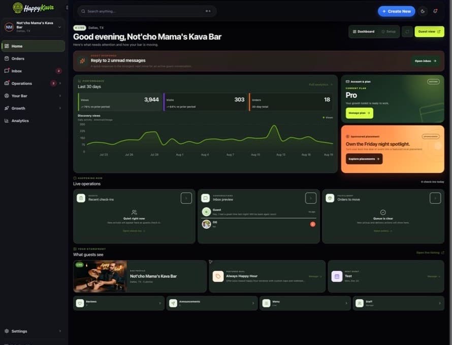 HappyKava owner dashboard for Not’cho Mama’s Kava Bar