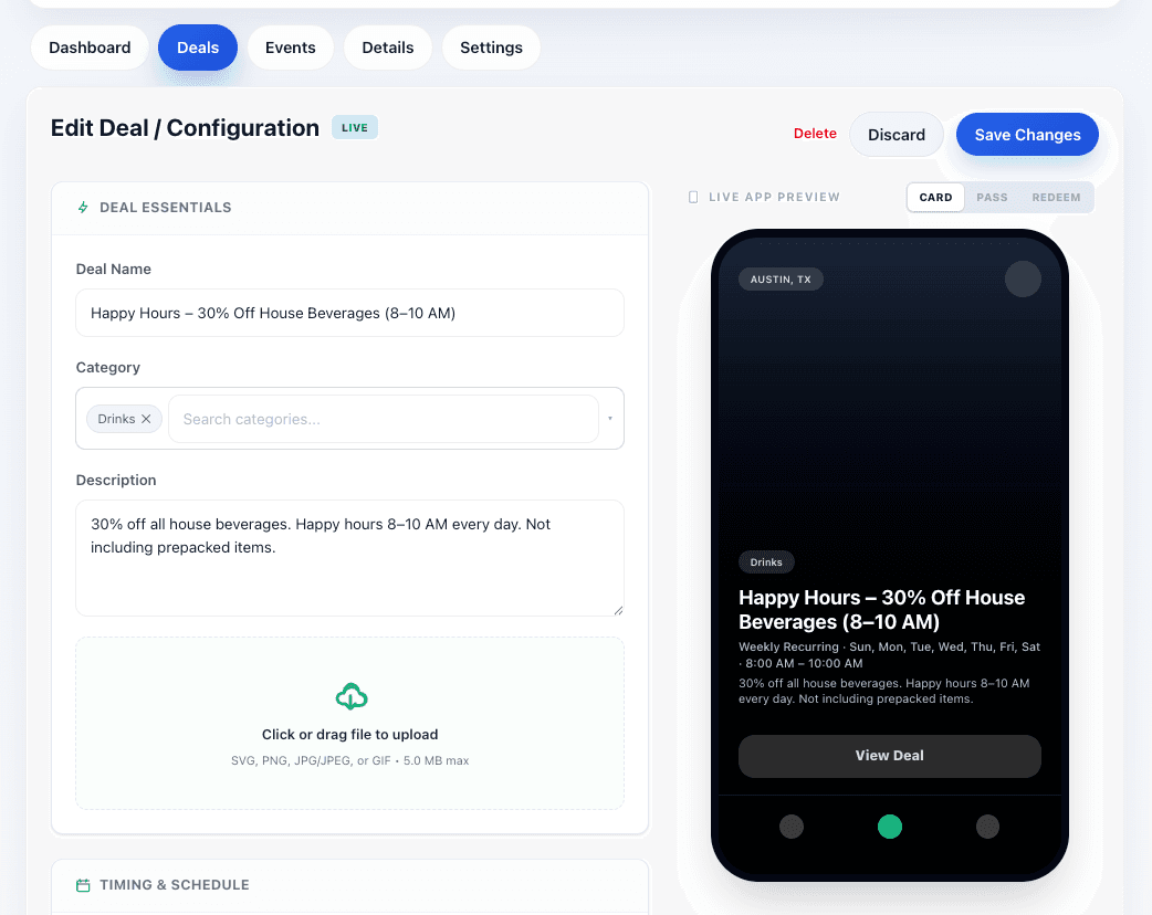 HappyKava Smart Deal editor with live app preview