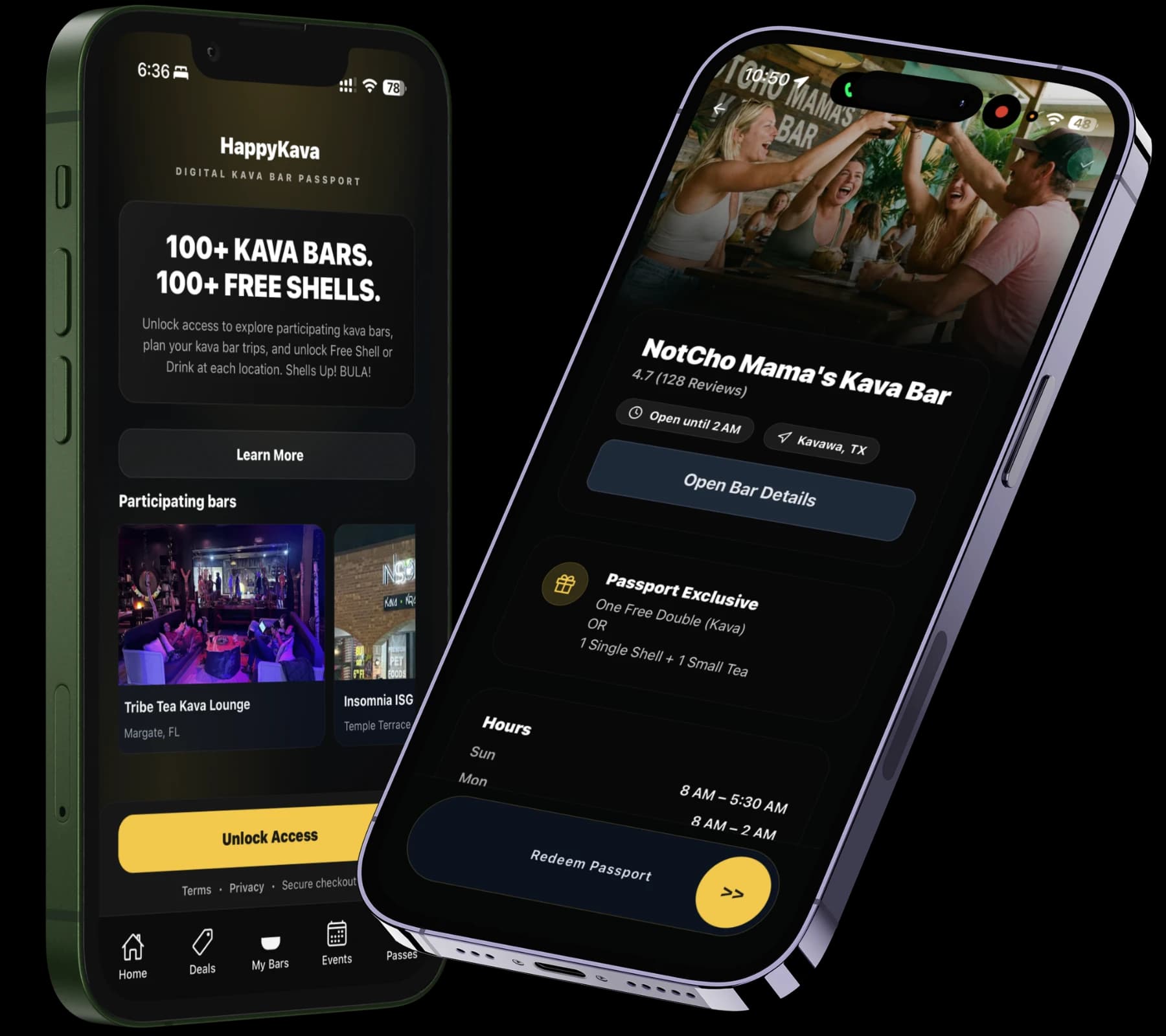 HappyKava Passport guest experience in dark mode