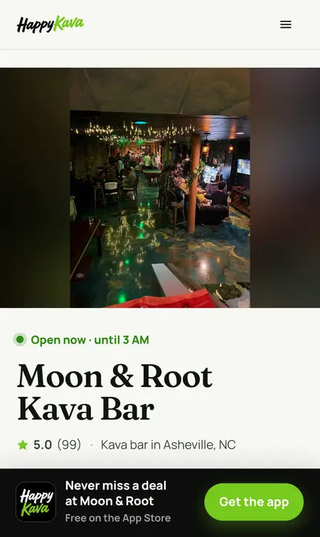Moon & Root Kava Bar's HappyKava page on a phone: open now, with directions and the app.