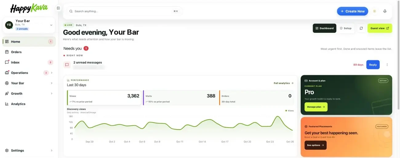 The HappyKava dashboard Home: views, visits and orders for the last 30 days, and what needs you.