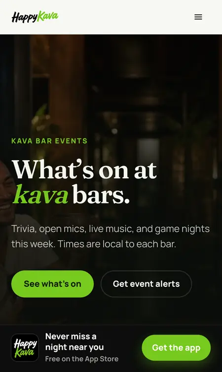 Kava bar events on HappyKava: trivia, open mics, live music and game nights.