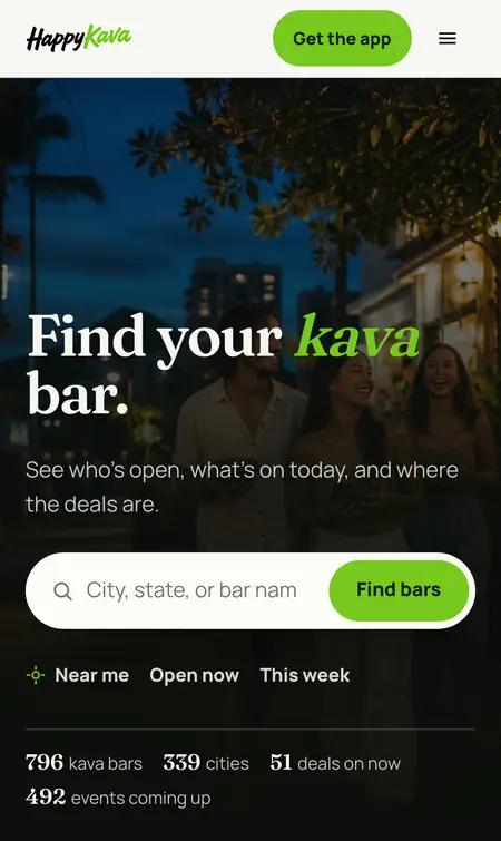 HappyKava on a phone: find your kava bar, with what's open and today's deals.
