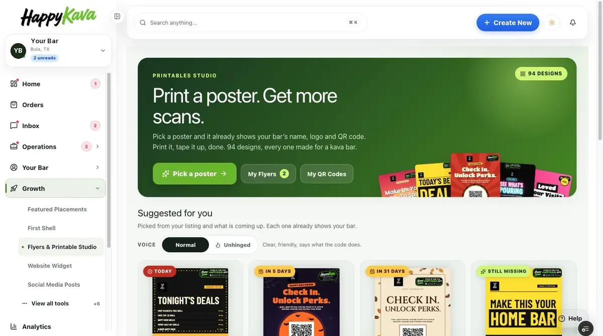 Printables Studio in the HappyKava dashboard: 94 poster designs, each with the bar's QR code.