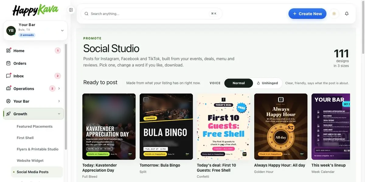 Social Studio in the HappyKava dashboard: 111 designs in 3 sizes, made from a bar's deals and events.