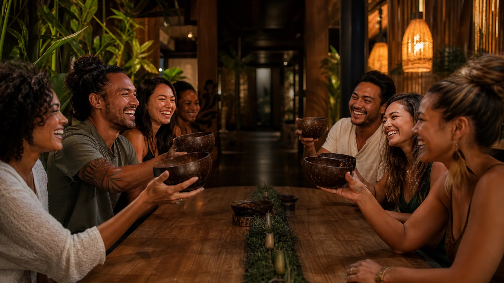 Friends laughing together at a kava bar