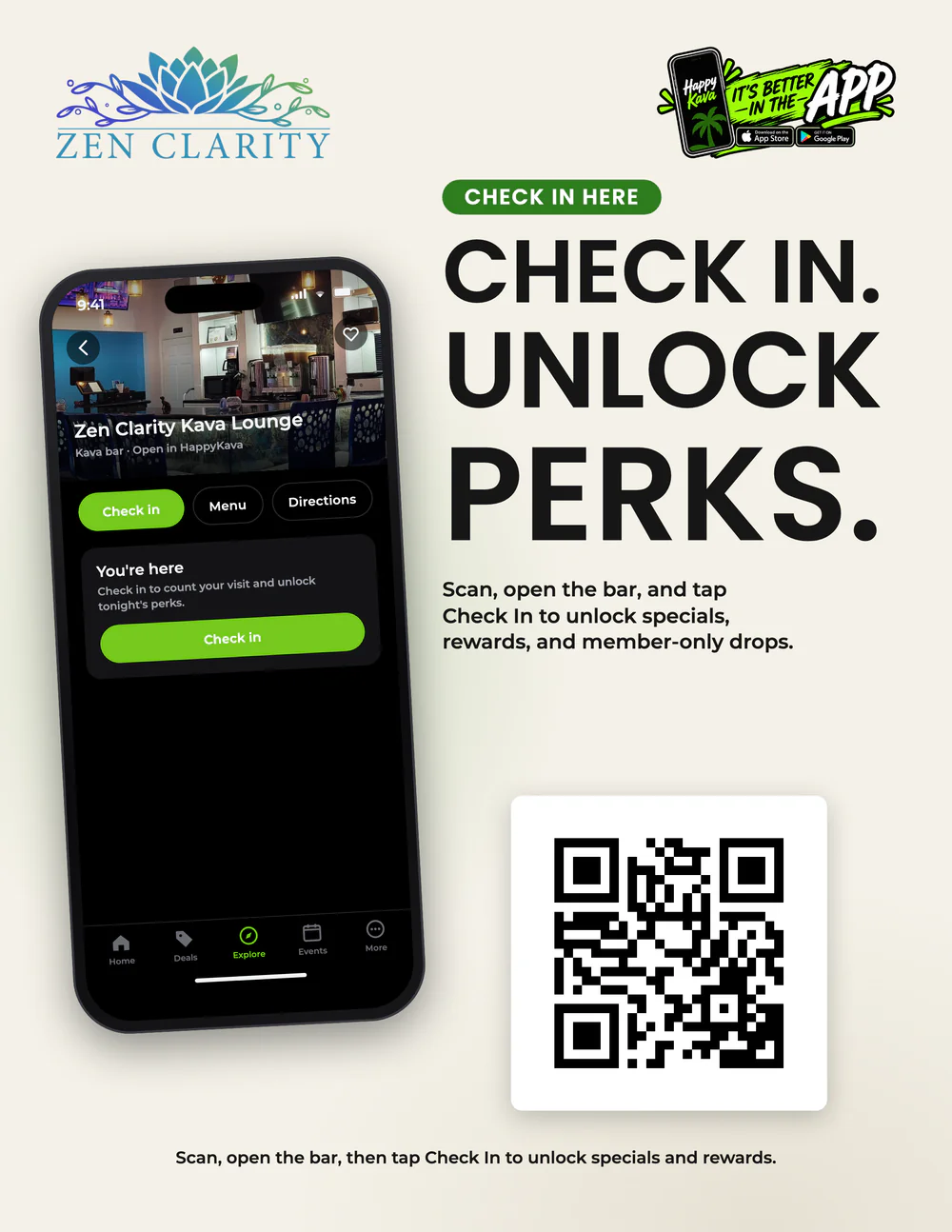 In The App poster for Zen Clarity Kava Lounge showing a phone with the bar's page open in the HappyKava app and its Check In button, the headline Check In. Unlock Perks., a large QR code, and an It's Better in the App badge beside the bar's logo.