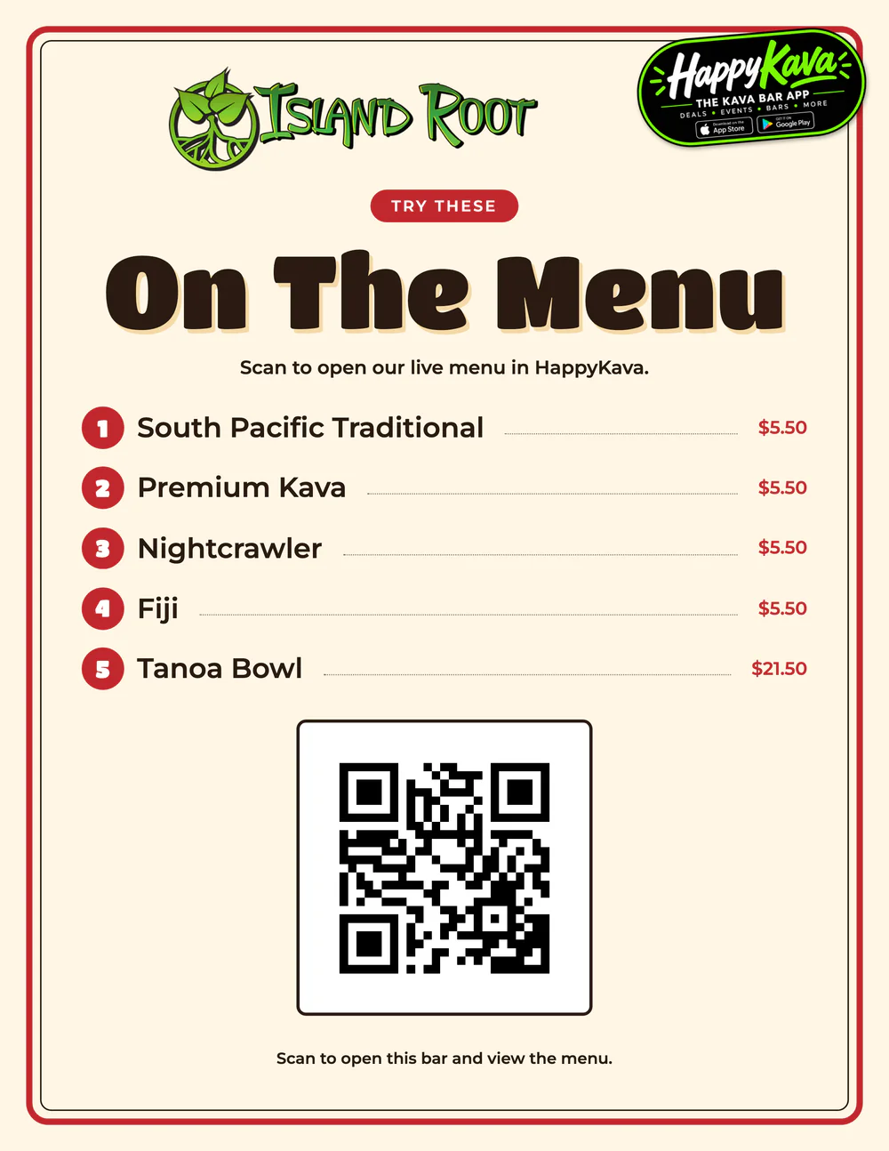 On The Menu poster for Island Root Kava Bar Royal Palm listing five drinks with prices, from South Pacific Traditional at $5.50 to a Tanoa Bowl at $21.50, with a QR code to the live menu and a HappyKava The Kava Bar App badge in the top corner.