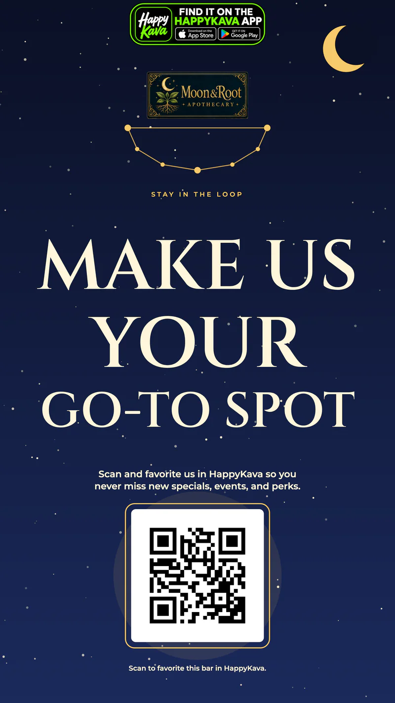 Story-size Night Sky design for Moon & Root Kava Bar reading Make Us Your Go-To Spot in gold serif type on a starry navy sky under a crescent moon, with the bar's logo, a QR code to favorite the bar, and a Find It on the HappyKava App badge across the top.