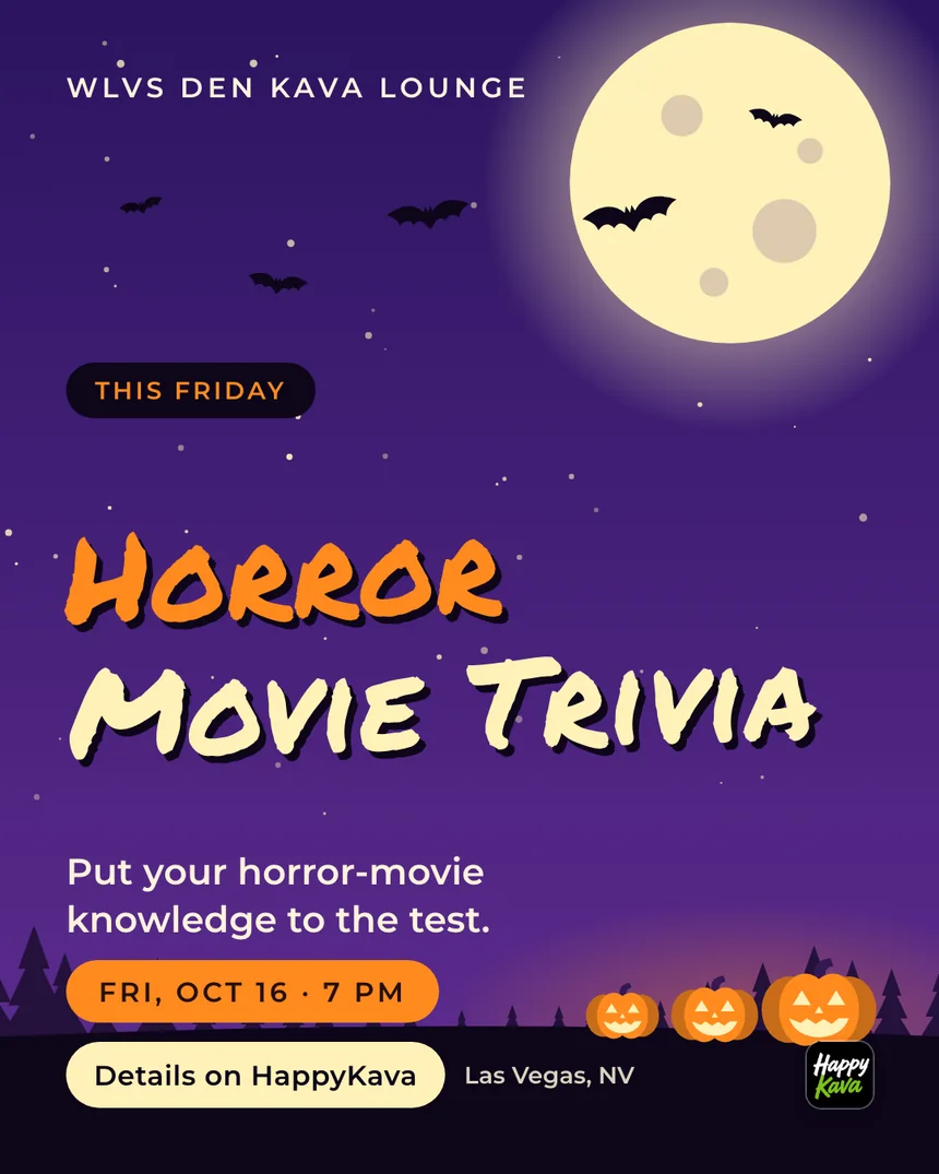 A Halloween post for WLVS DEN Kava Lounge in Las Vegas with a full moon, bats and jack-o'-lanterns, announcing Horror Movie Trivia this Friday, Oct 16 at 7 PM.