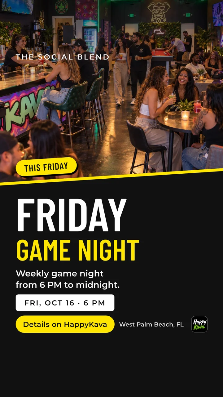 A story-size post for The Social Blend with a photo of guests at the bar on top and bold type below announcing Friday Game Night, Oct 16 at 6 PM.