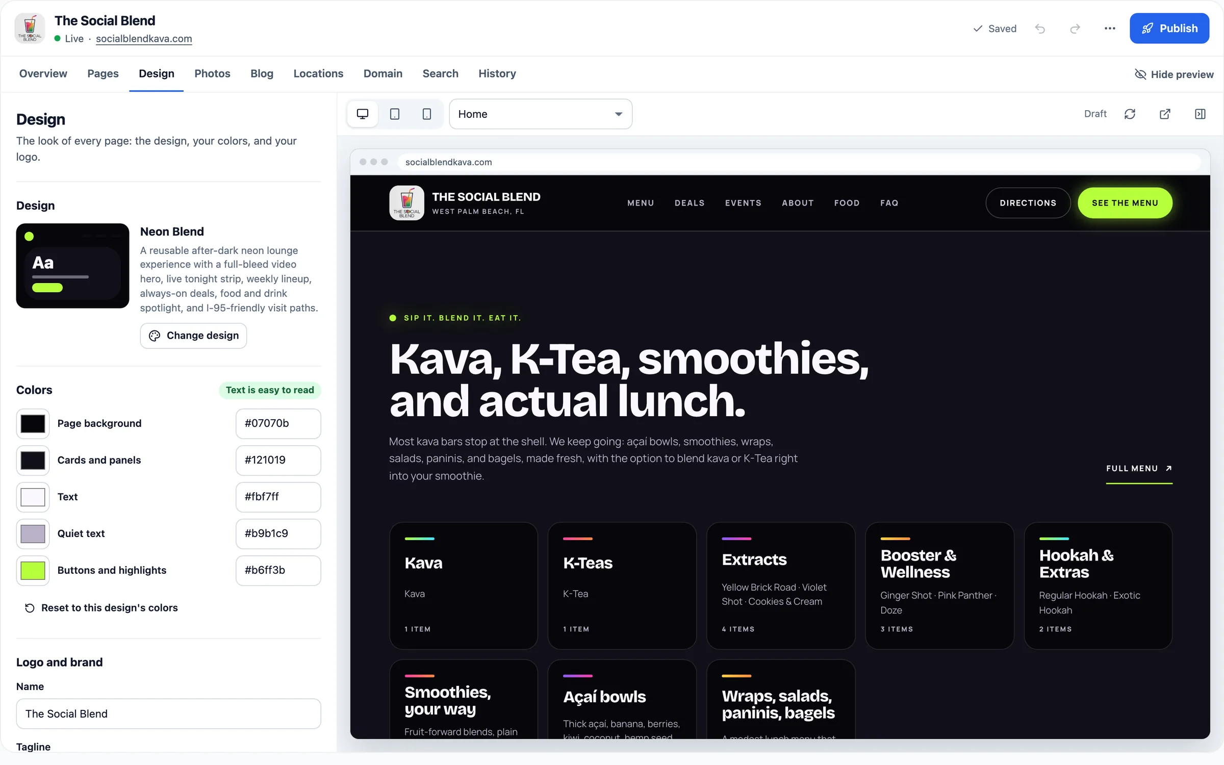 Website Studio Design tab for The Social Blend: the Neon Blend design, editable site colors with a readability check, and the logo and brand fields, next to a live preview of the site's menu section
