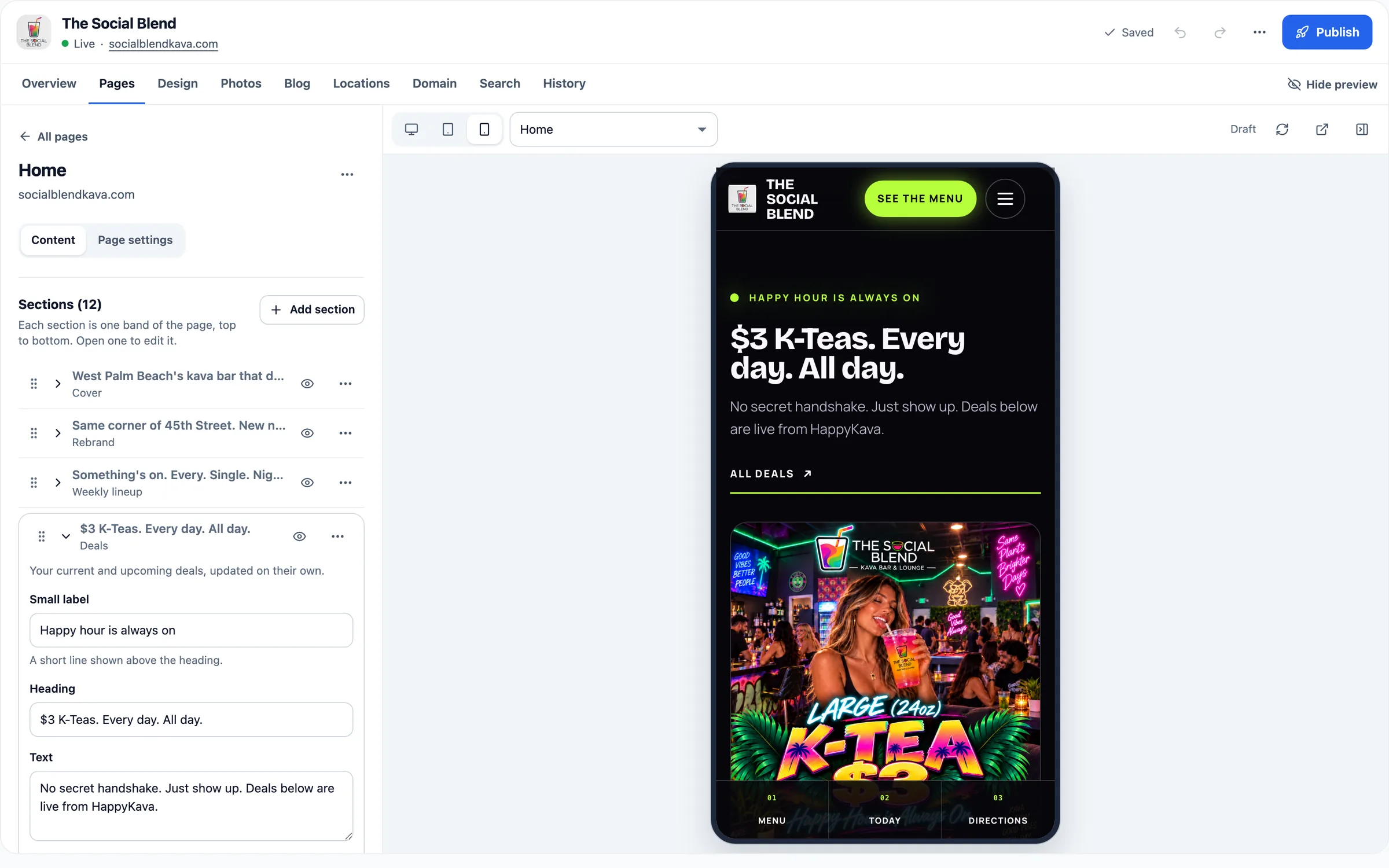 Website Studio page editor with the phone-size preview, showing The Social Blend's $3 K-Tea deals section as visitors see it on a phone