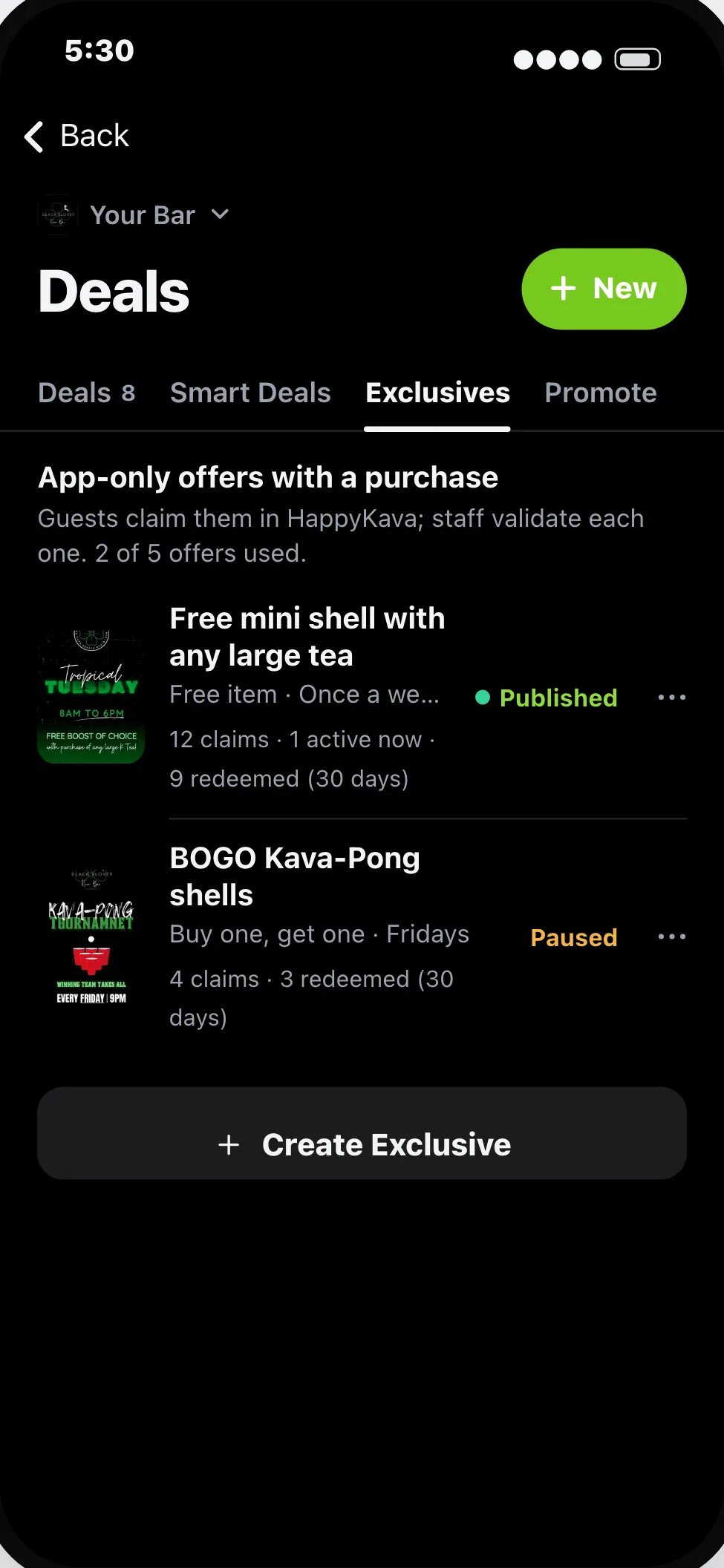 Exclusives in the owner app: a published free mini shell offer and a paused BOGO, with claims so far.