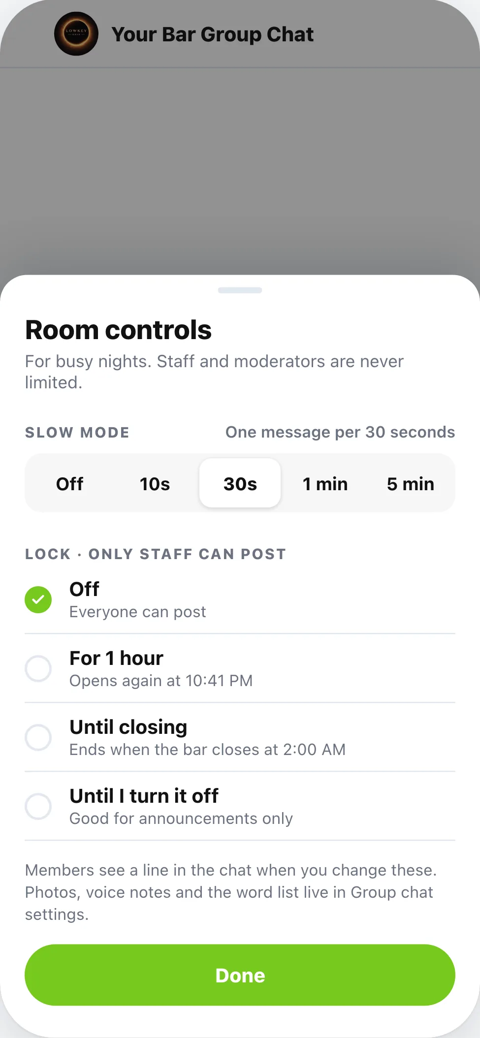 Room controls for staff: slow mode and pausing posts.