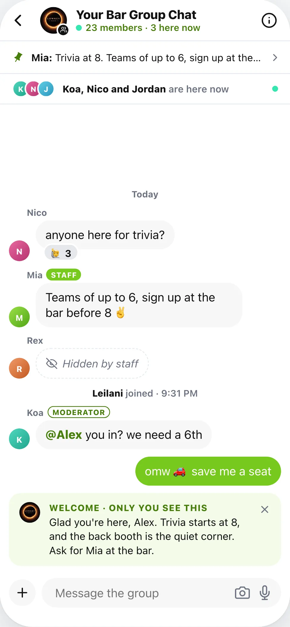 A bar's group chat with a staff welcome and pinned trivia sign-up.