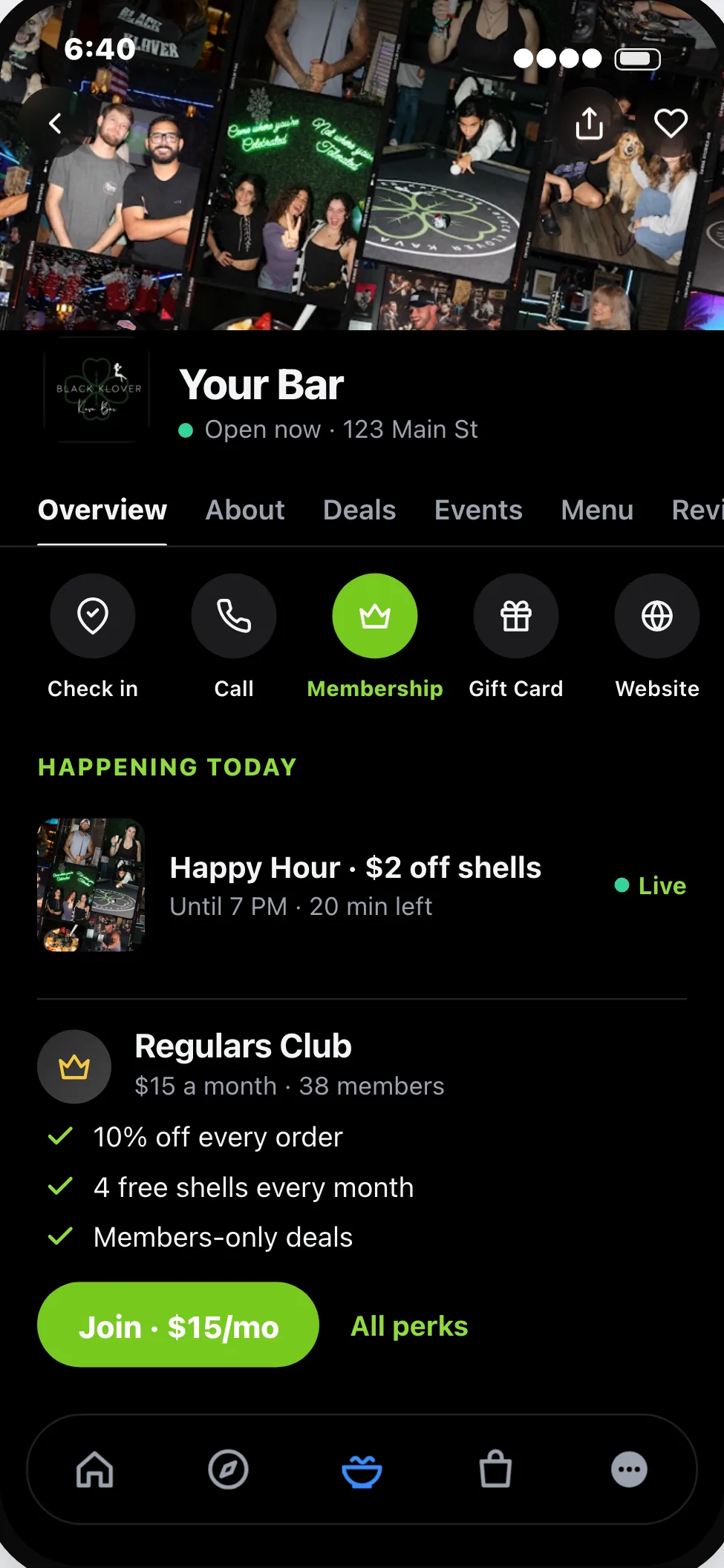 A bar page in the HappyKava app with its Regulars Club membership: the perks and Join.
