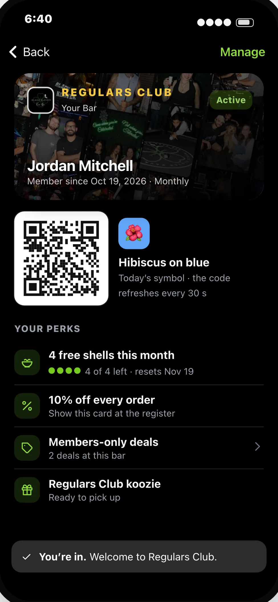 A member card with a refreshing code and the perks left this month.