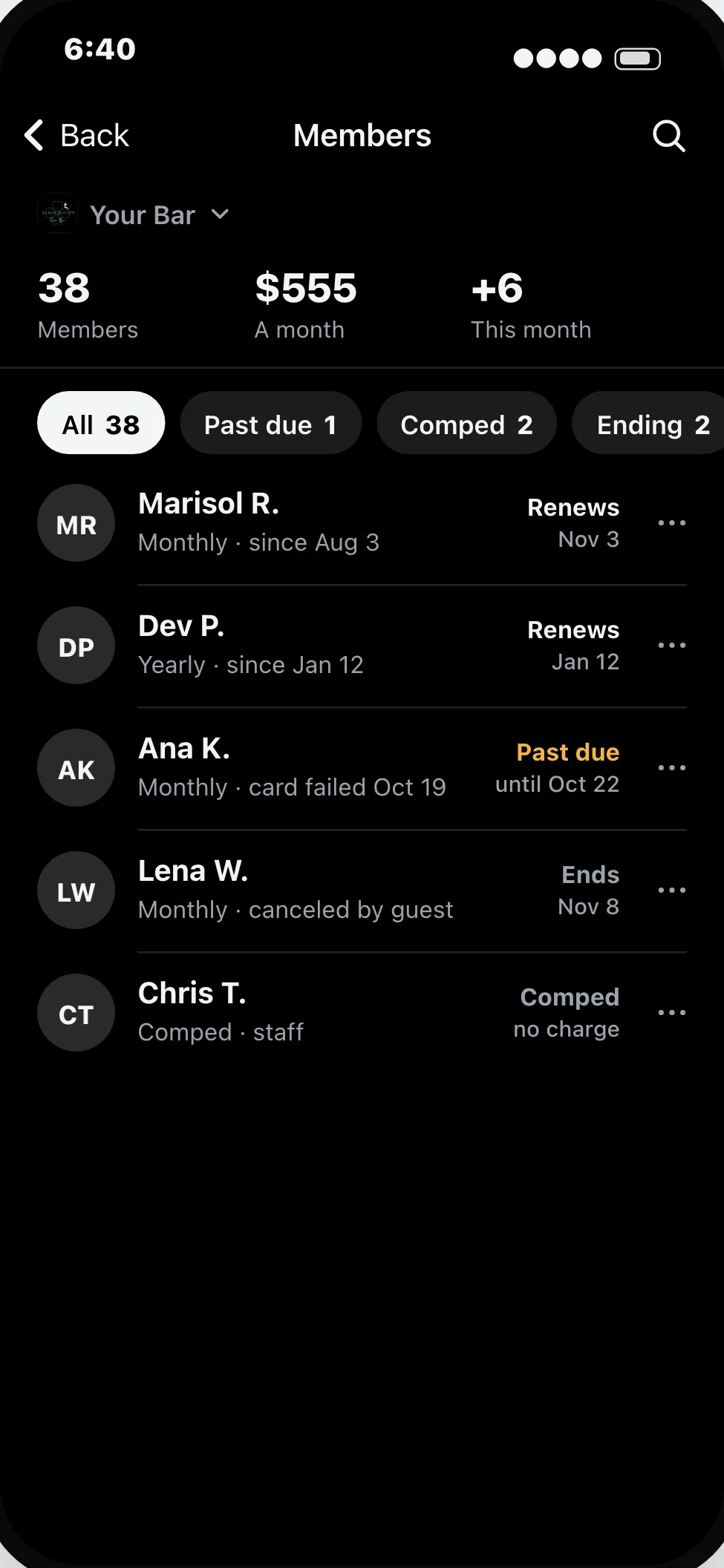 The members list for owners: active, past due and comped members.