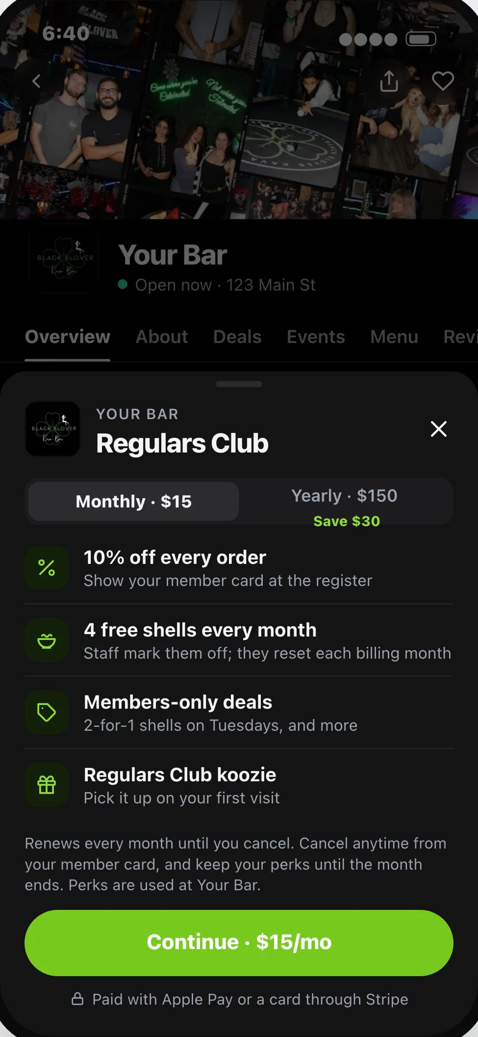 Choosing a monthly or yearly membership and its perks in the app.
