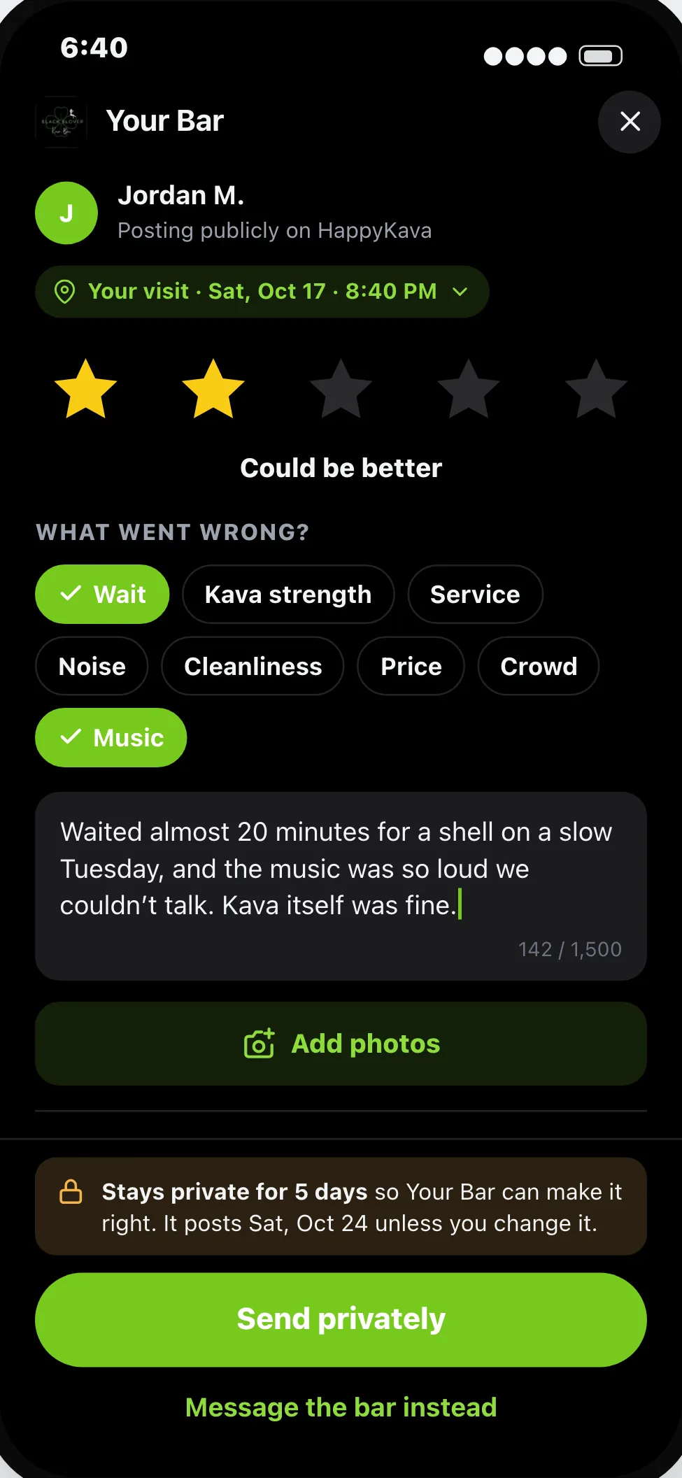 A three-star review that stays private for five days so the bar can make it right.