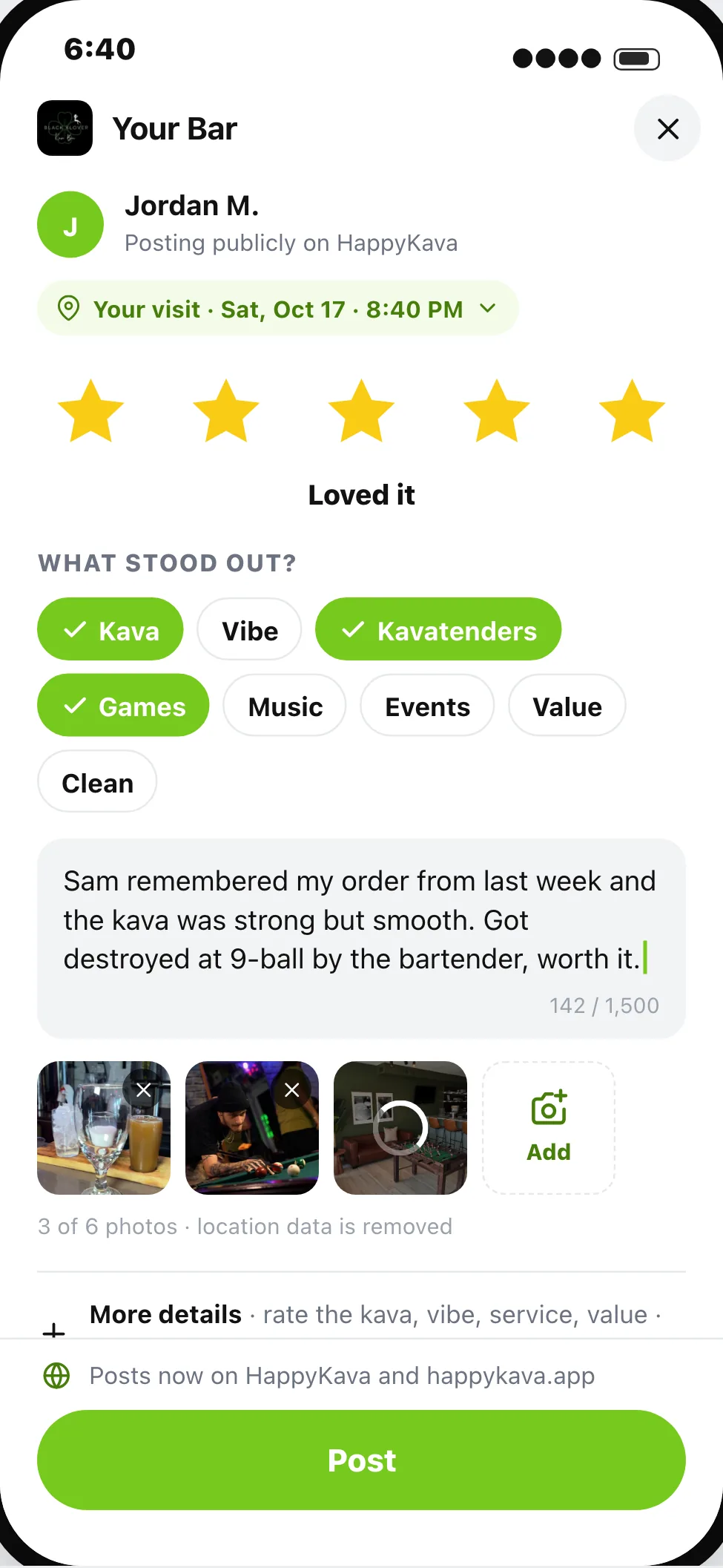 Writing a review in the HappyKava app: stars, what stood out, and a few words.