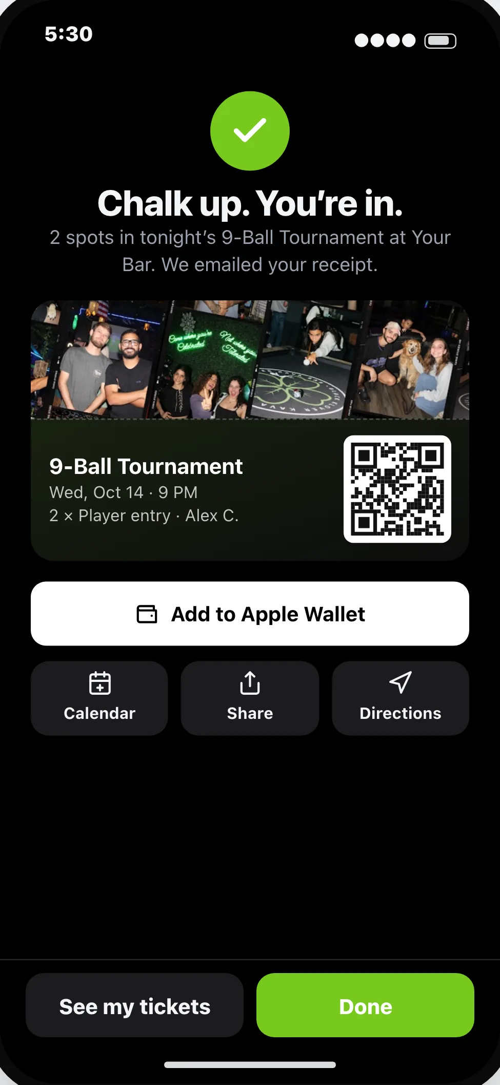 The ticket confirmation, with a QR code and Add to Apple Wallet.