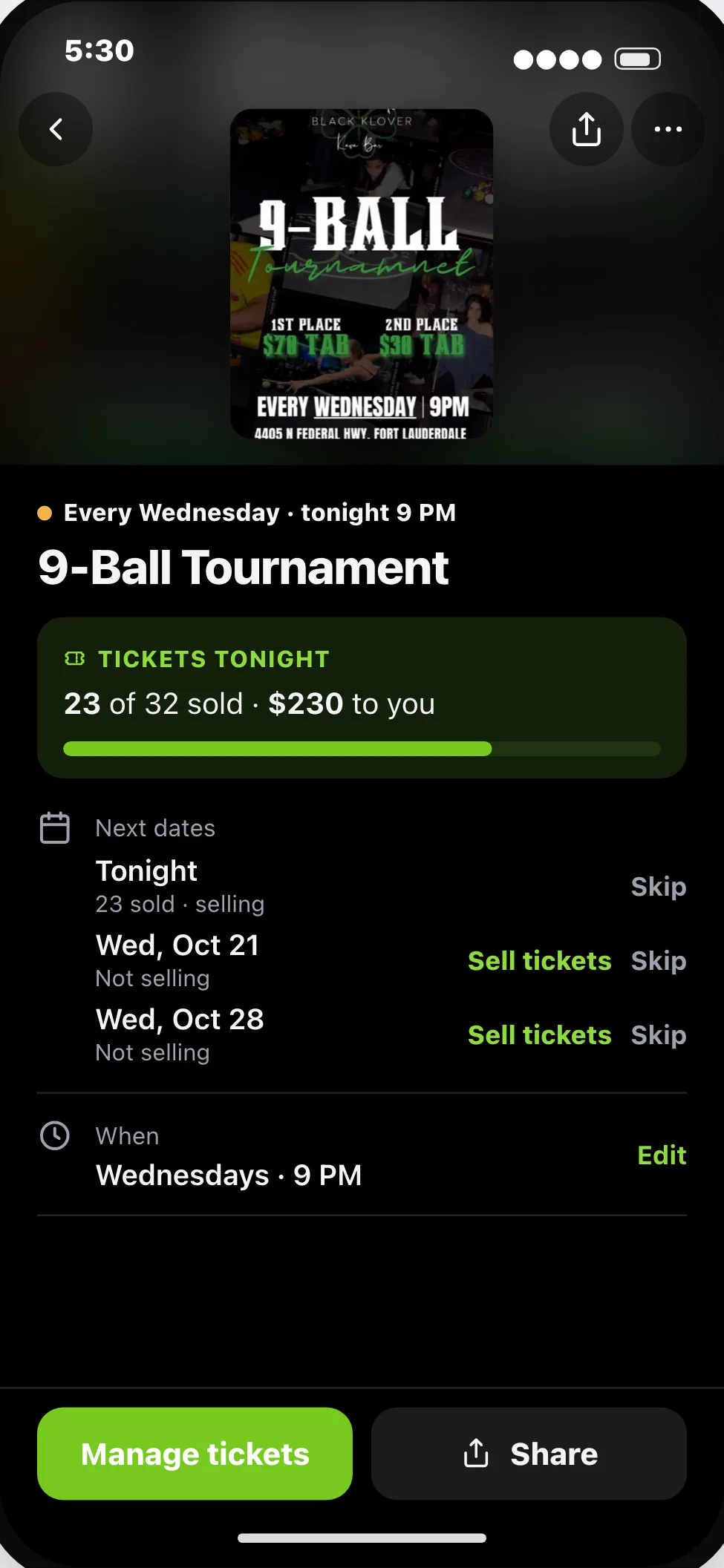 The owner's view of tonight's tickets: sold, left, and the next dates.