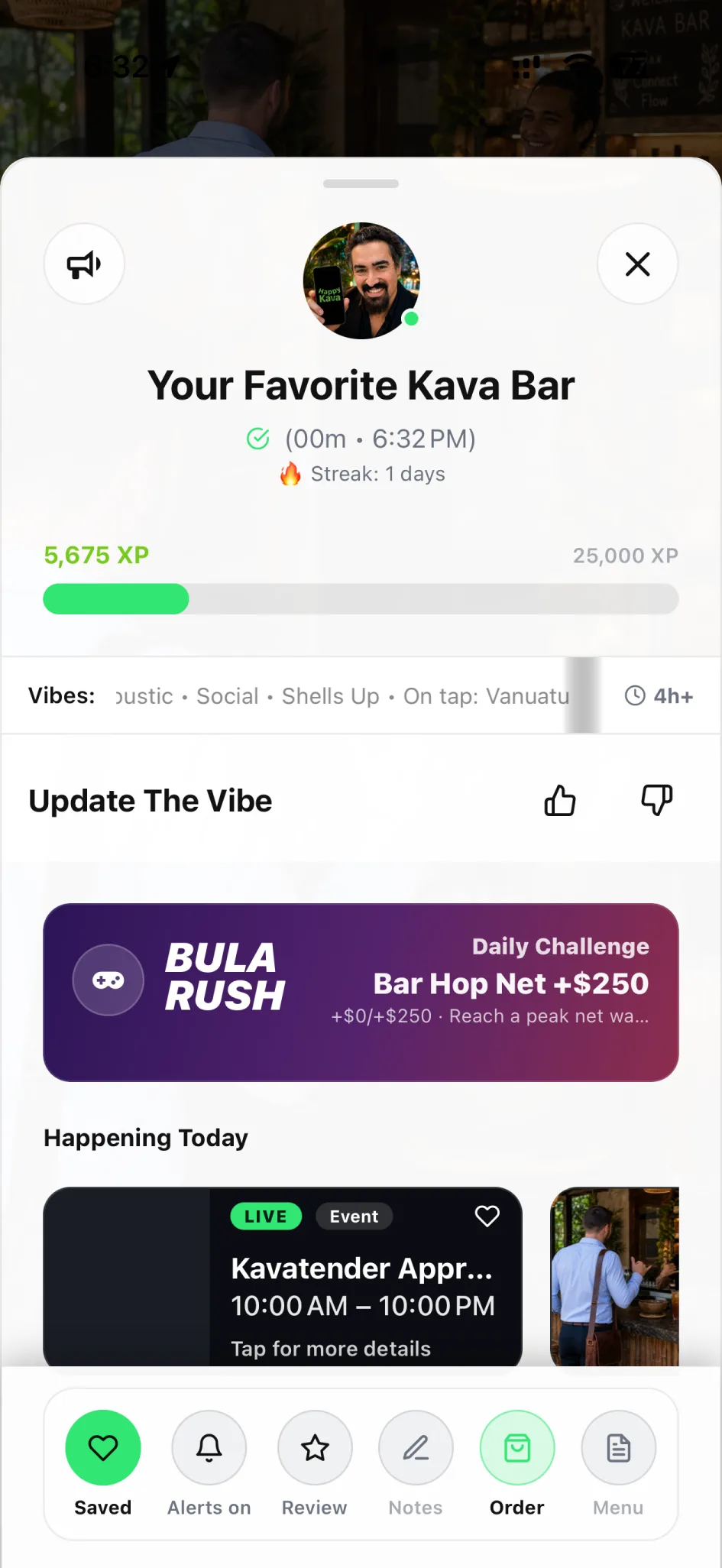 Checked-in screen with the bar’s current vibes and thumbs up or down to update them.