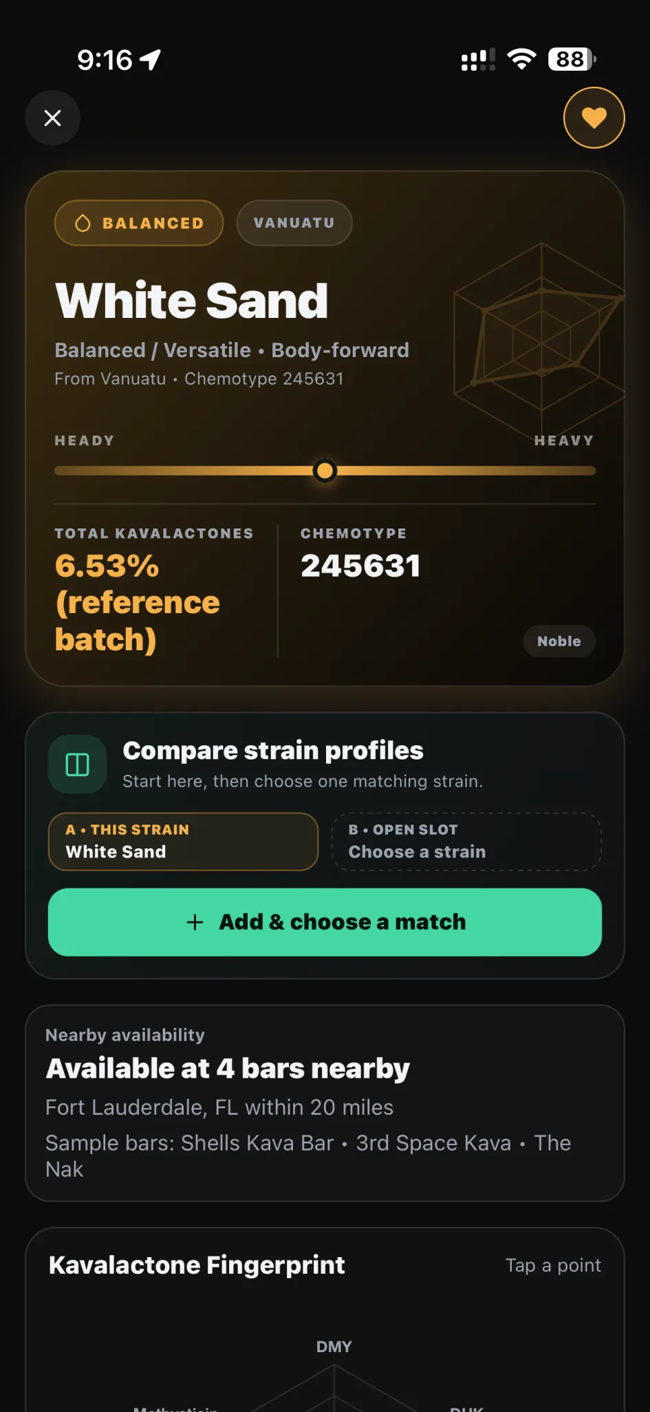 Kava strain page for White Sand with its profile and the bars nearby that carry it.