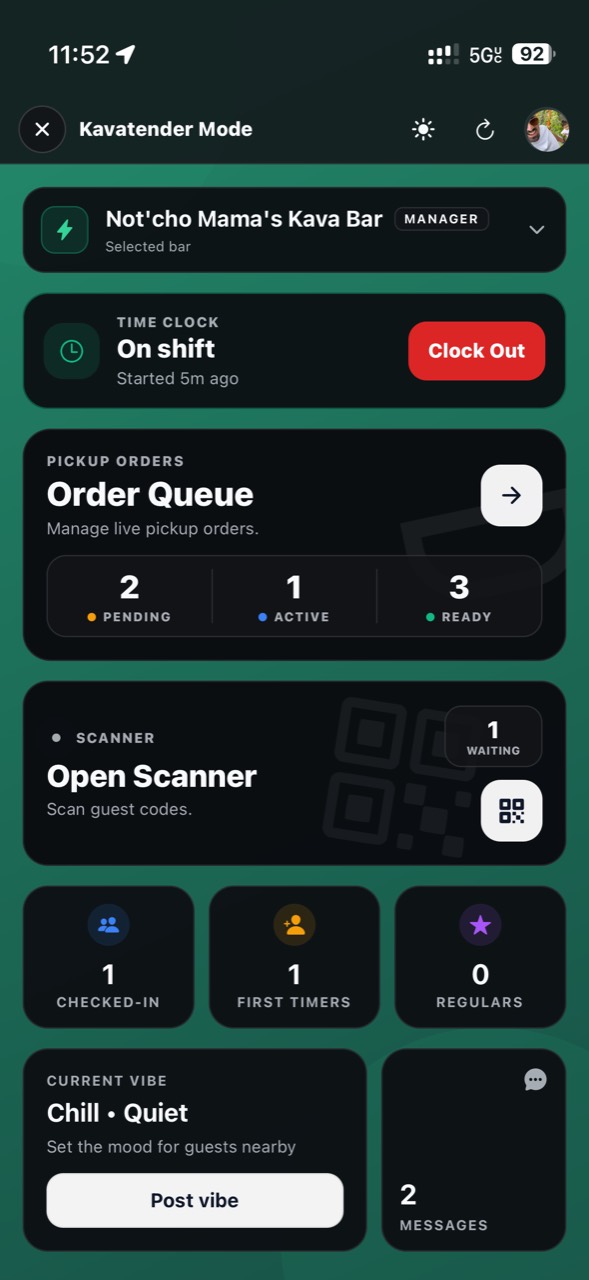 Kavatender Mode with the time clock, order queue, scanner, and check-ins