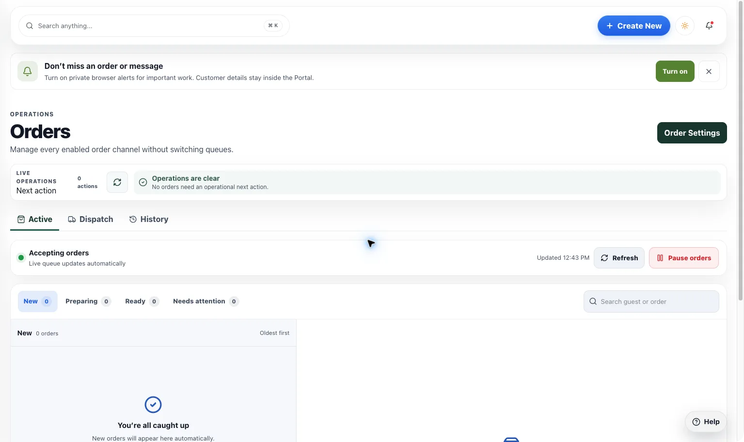 The HappyKava orders workspace with the live order queue