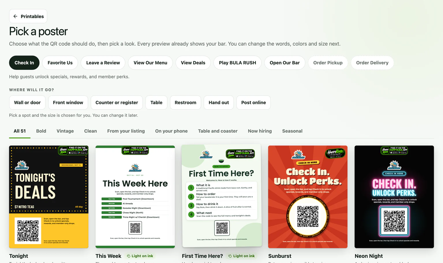 The Printables Studio poster picker: QR actions, where the poster will go, and live posters already filled in with the bar’s deals and events.