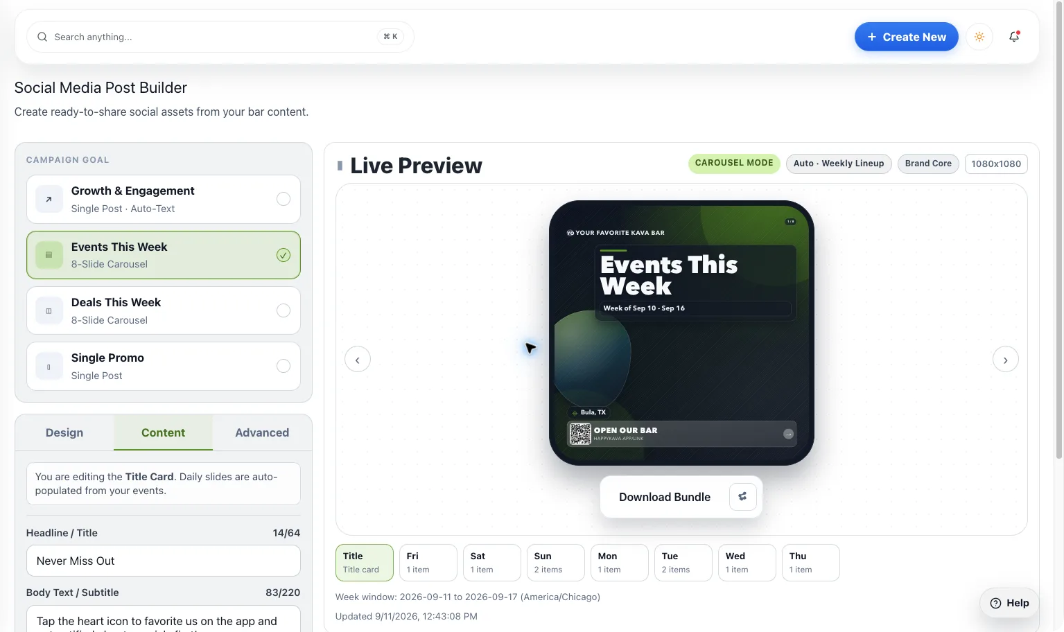 The HappyKava social post builder with a live preview of an events post