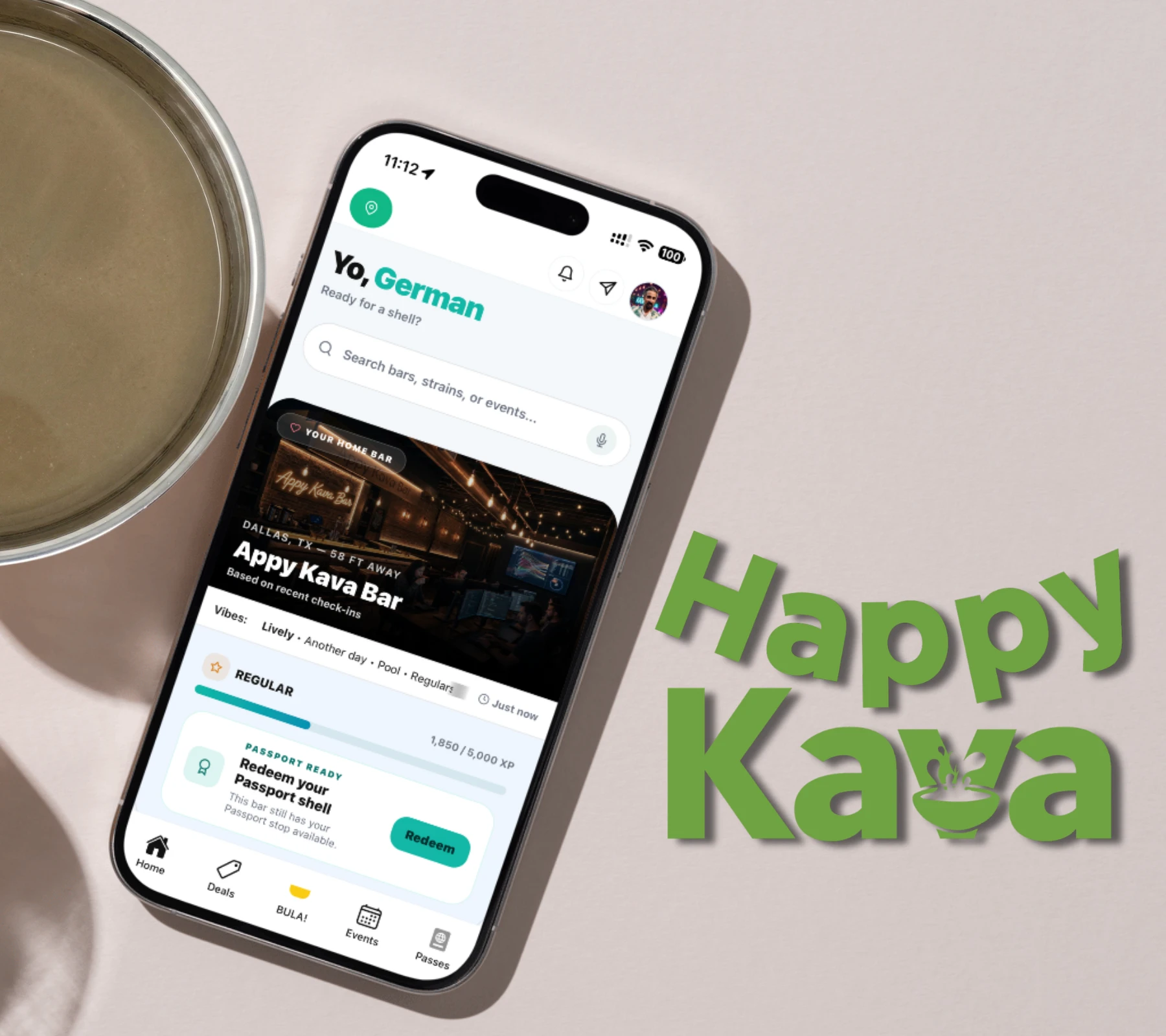 HappyKava app home screen on a phone beside a kava bowl
