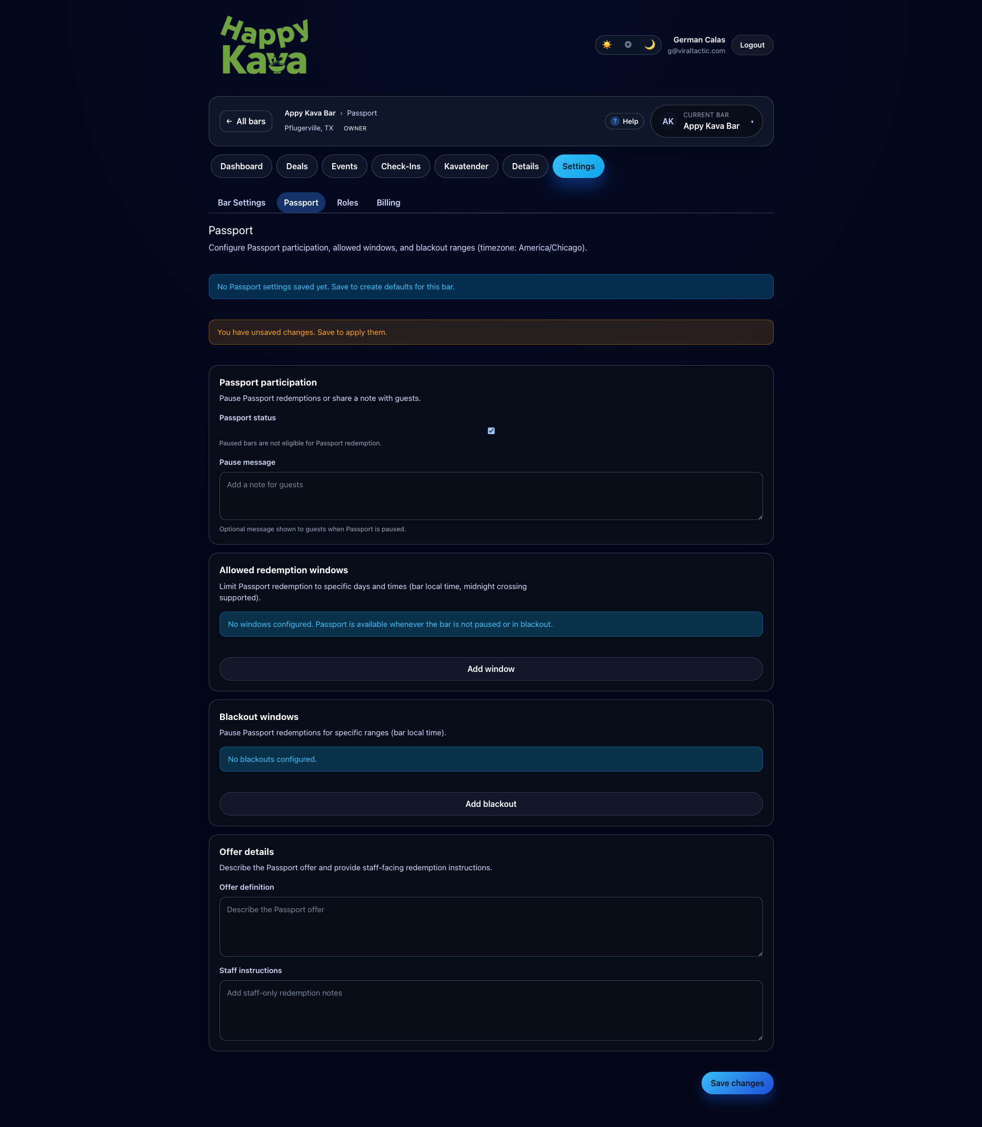 Passport settings in the HappyKava portal: participation, allowed redemption windows, blackout windows, and offer details