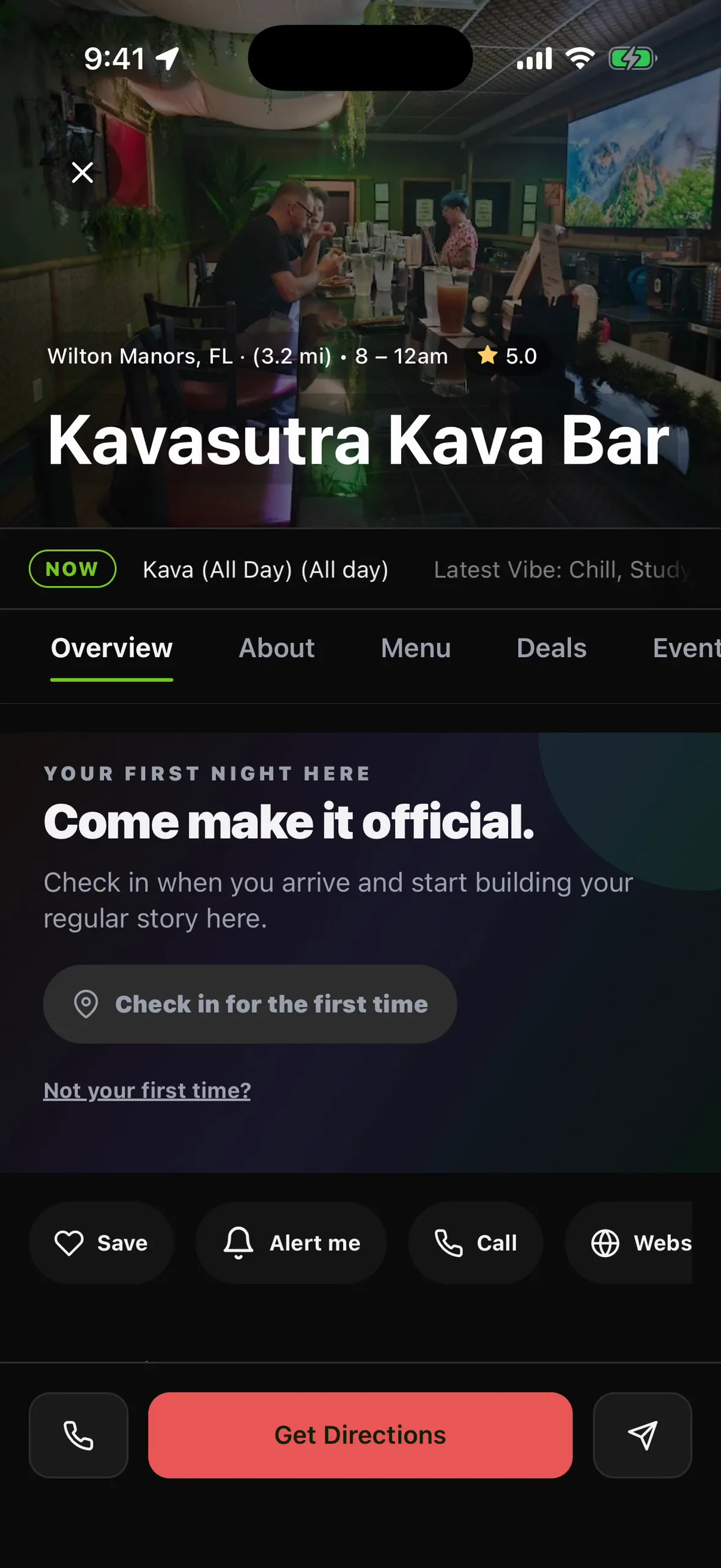 A kava bar page in the app with the Overview tab, Save, Alert me, Call and Get Directions