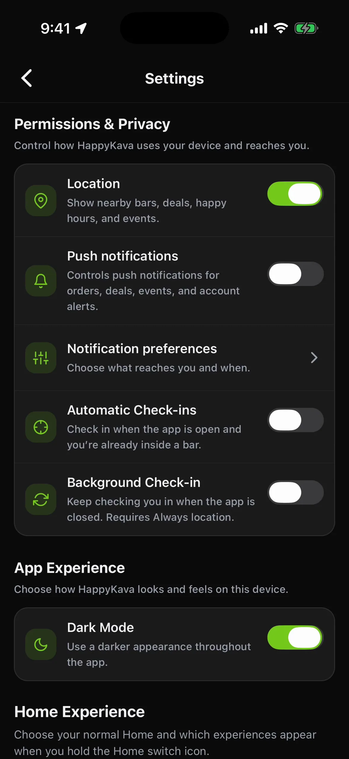 The Settings screen in the app with Permissions & Privacy and App Experience