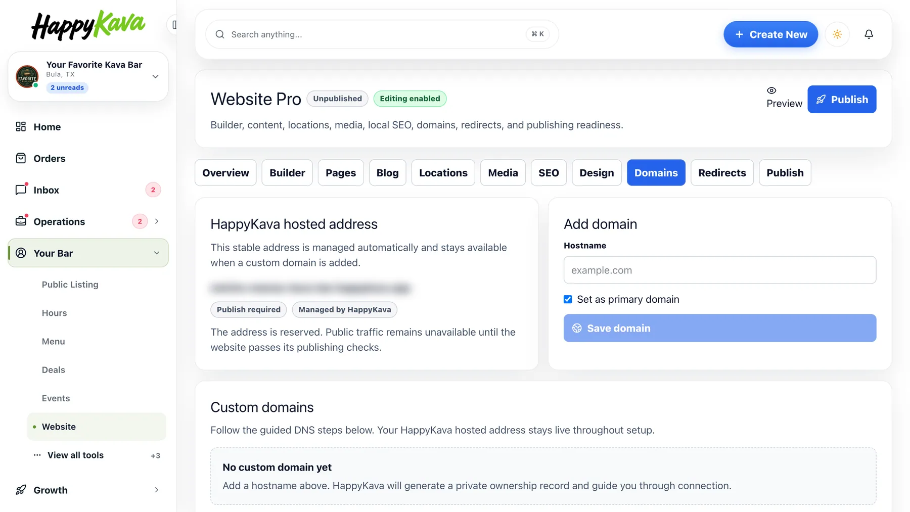 The Domains tab: the HappyKava hosted address and the Add domain form
