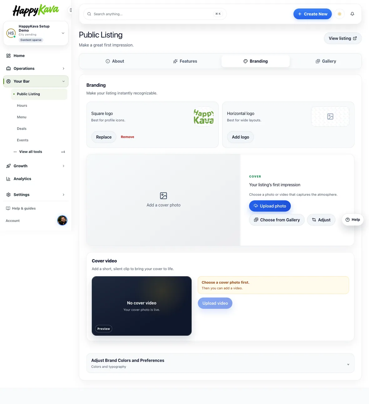 Public Listing › Branding: square and horizontal logo, cover photo and the cover video card