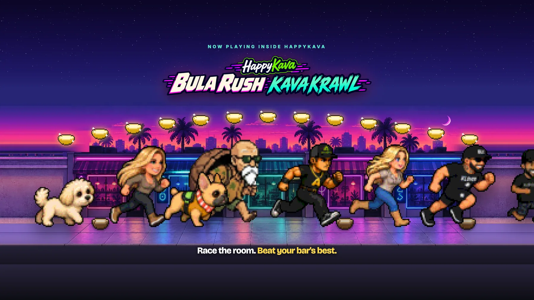 The BULA RUSH cast running down a neon street at dusk, Toby out in front