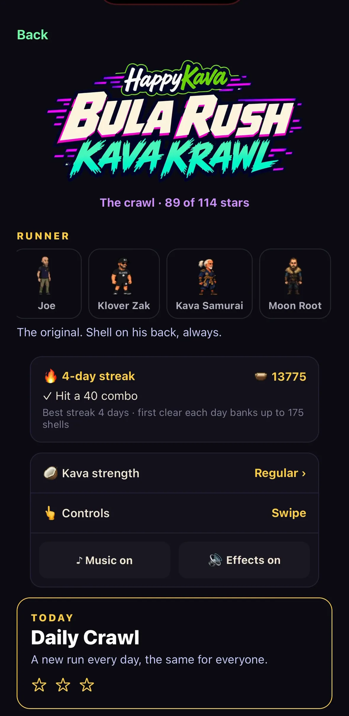 The crawl map with a four-day streak, today's goal and the Daily Crawl card
